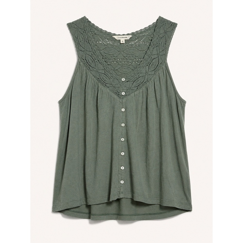NWT Lucky Brand Green Crochet Lace Yoke Button Front Sleeveless Top Medium Boho